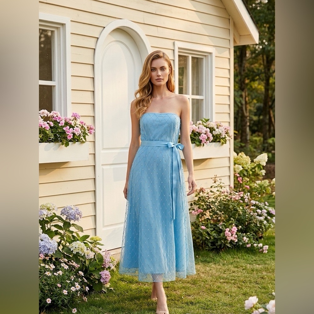 Papell Boutique Strapless Light Blue Tulle Midi Dress with Sash